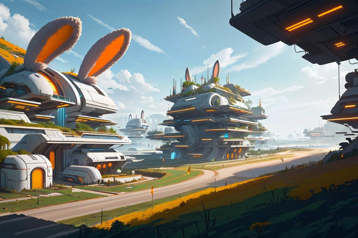 (countryside town) , Framing composition <lora:BunnyTech:0.8> bunnytech, fluffy, scifi