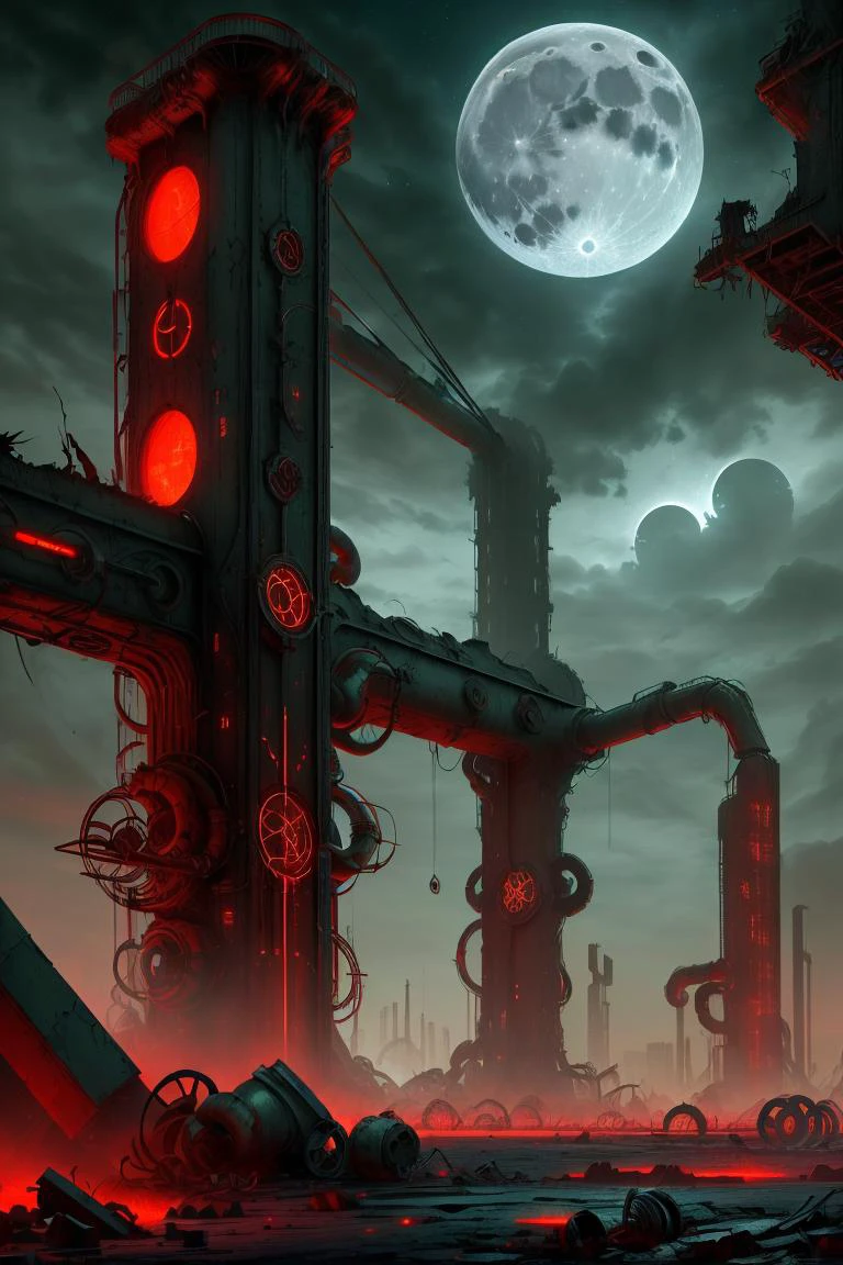 (industrial ruins) , eerie night, supernatural ,moon light , Golden Ratio composition, <lora:DemonicTech-20:0.8> demonictech, scifi