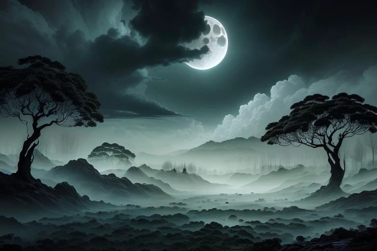 (dense rain forest landscape), eerie night, supernatural ,moon light, tranquil and meditative scenery , Overlapping Elements composition , <lora:AbyssalTech-20:0.8> abyssaltech , dark energy, ethereal, dissolving, see-through, abyss