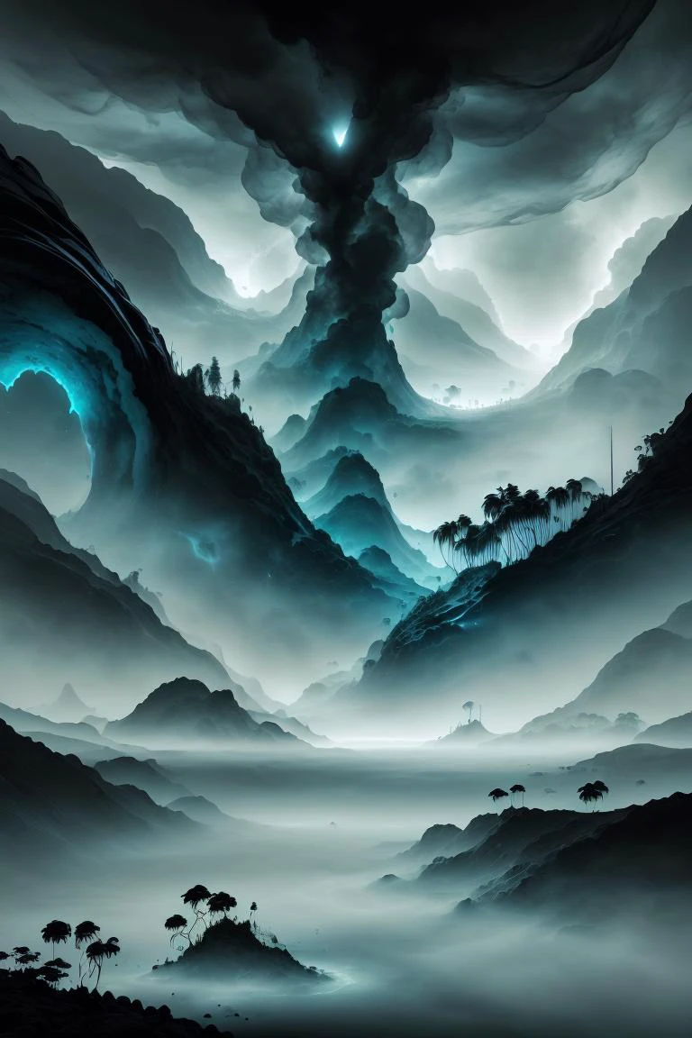 (tropical islands landscape) , <lora:AbyssalTech-20:0.8> abyssaltech , dark energy, ethereal, dissolving, see-through, abyss