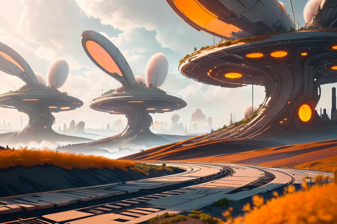 (steamy sulfur lands, natural hotssprings) , overcast skies, scenery , bokeh, Leading Lines composition <lora:BunnyTech-20:0.8> bunnytech, fluffy, scifi