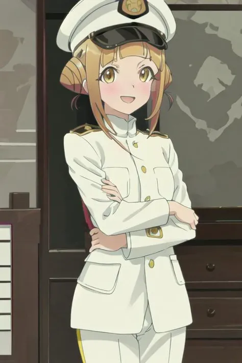 best quality, masterpiece, highres, solo, {takahata_nodoka_alicegearaegisexpansion:1.15}, hair_bun, blush, double_bun, bangs, blonde_hair, yellow_eyes, open_mouth, brown_hair, 1girl, hat, military, military_uniform, parody, peaked_cap, uniform, epaulettes, military_hat, smile, cosplay