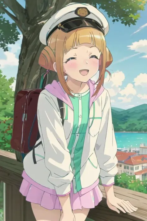 best quality, masterpiece, highres, solo, {takahata_nodoka_alicegearaegisexpansion:1.15}, hair_bun, blush, double_bun, bangs, blonde_hair, yellow_eyes, open_mouth, brown_hair, 1girl, blunt_bangs, cloud, frown, hood, outdoors, sky, sunset, jacket, portrait, closed_mouth, shirt, sidelocks