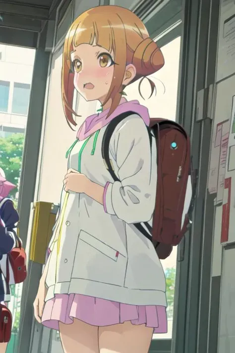 best quality, masterpiece, highres, solo, {takahata_nodoka_alicegearaegisexpansion:1.15}, hair_bun, blush, double_bun, bangs, blonde_hair, yellow_eyes, open_mouth, brown_hair, 2girls, backpack, bag, multiple_girls, sweatdrop, jacket, wavy_mouth