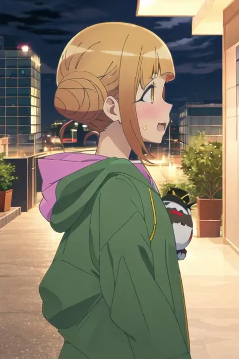 best quality, masterpiece, highres, solo, {takahata_nodoka_alicegearaegisexpansion:1.15}, hair_bun, blush, double_bun, bangs, blonde_hair, yellow_eyes, open_mouth, brown_hair, 1girl, hood, hoodie, brown_eyes, night, profile, single_hair_bun, upper_body, short_hair