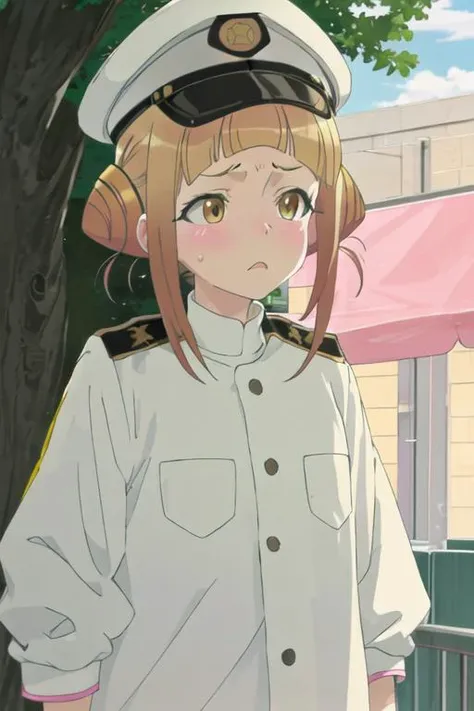best quality, masterpiece, highres, solo, {takahata_nodoka_alicegearaegisexpansion:1.15}, hair_bun, blush, double_bun, bangs, blonde_hair, yellow_eyes, open_mouth, brown_hair, 1girl, closed_eyes, hat, short_hair, frown, tree