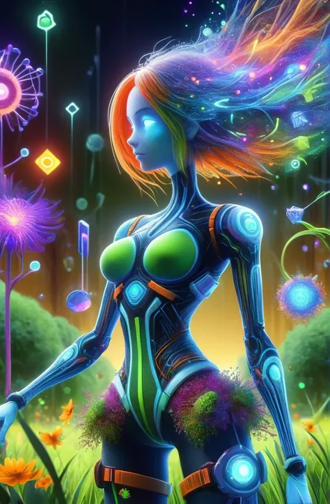 DonMD1g174l4sc3nc10nXL close-up a female cybergardener in a park, dynamic angle, cyberapron, sideboob, digital painting, biomorphic, Biomimetic, botanical, cyberbio, cyberorganic, digitalize, pixelart, glitchart, pixelize, slender, stunning, bioluminescence, Neon Orange, Yellow Green, Grass Green, Hair Brown, ultra detailed, semirealistic, hdr, 8k, colorful, abstract, whimsical,
<lora:DonMD1g174l4sc3nc10nXL:1>