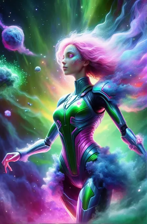 DonMD1g174l4sc3nc10nXL close-up a cyberwoman in a nebula, dynamic angle, digital painting, biomorphic, Biomimetic, botanical, cyberbio, cyberorganic, digitalize, pixelart, glitchart, pixelize, slender, stunning, bioluminescence, Girl Scout Green, Cotton Candy Pink, Midnight Green, Dark Pink, ultra detailed, semirealistic, hdr, 8k, colorful, abstract, whimsical, sunlight, dissolving, digital dissolve, intense, epic pose, (fire:1.2), 
<lora:DonMD1g174l4sc3nc10nXL:1>