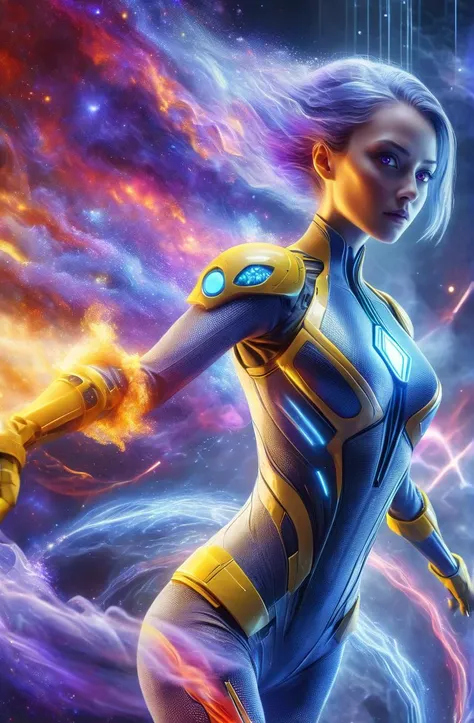 DonMD1g174l4sc3nc10nXL close-up a cyberwoman in a nebula, dynamic angle,cyberbio, cyberorganic, digitalize, slender, stunning, Mustard Yellow, Pale Blue, Light purple, Varsity Red, ultra detailed, semirealistic, hdr, 8k, colorful, abstract, intense, epic pose, (fire:1.2),
<lora:DonMD1g174l4sc3nc10nXL:1>