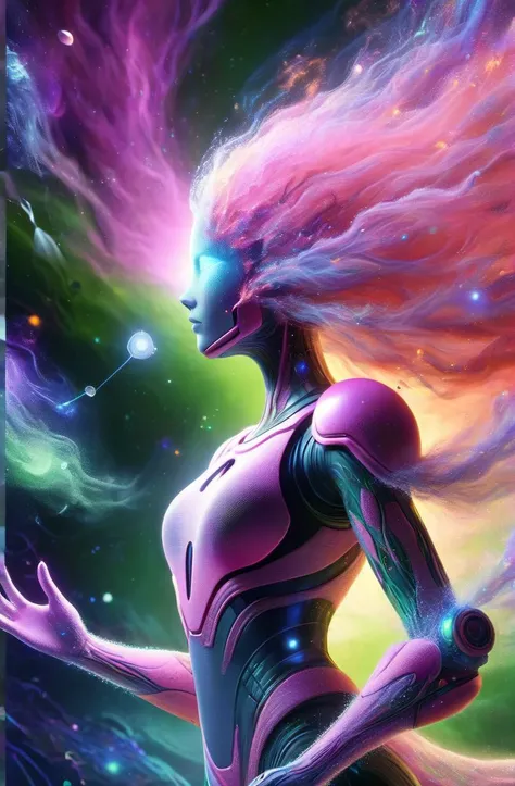DonMD1g174l4sc3nc10nXL close-up a cyberwoman in a nebula, dynamic angle, digital painting, biomorphic, Biomimetic, botanical, cyberbio, cyberorganic, digitalize, pixelart, glitchart, pixelize, slender, stunning, bioluminescence, Salmon Pink, Olive Green, Champagne Pink, Blush Pink, ultra detailed, semirealistic, hdr, 8k, colorful, abstract, whimsical, sunlight, dissolving, digital dissolve, intense, epic pose, (fire:1.2), 
<lora:DonMD1g174l4sc3nc10nXL:1>