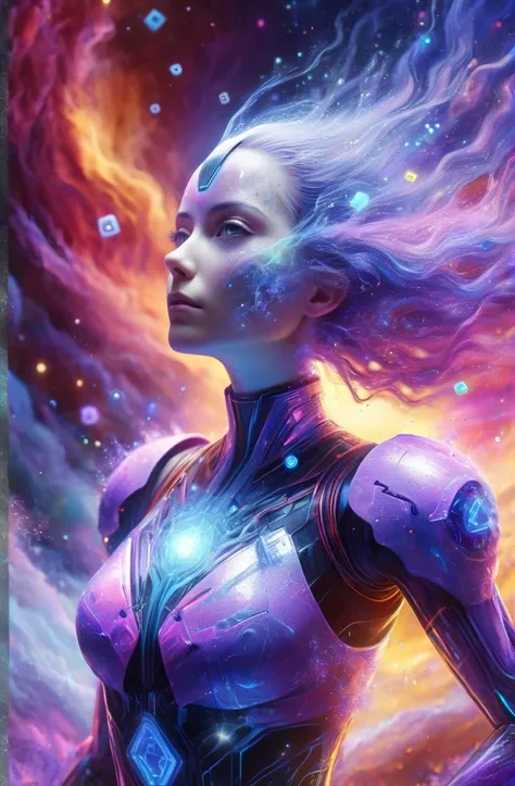 DonMD1g174l4sc3nc10nXL close-up a cyberwoman in a nebula, dynamic angle, digital painting, biomorphic, Biomimetic, botanical, cyberbio, cyberorganic, digitalize, pixelart, glitchart, pixelize, slender, stunning, bioluminescence, Lilac, Pastel Pink, Dark Red, Cornflower Blue, ultra detailed, semirealistic, hdr, 8k, colorful, abstract, whimsical, sunlight, dissolving, digital dissolve, intense, epic pose, (fire:1.2), 
<lora:DonMD1g174l4sc3nc10nXL:1>