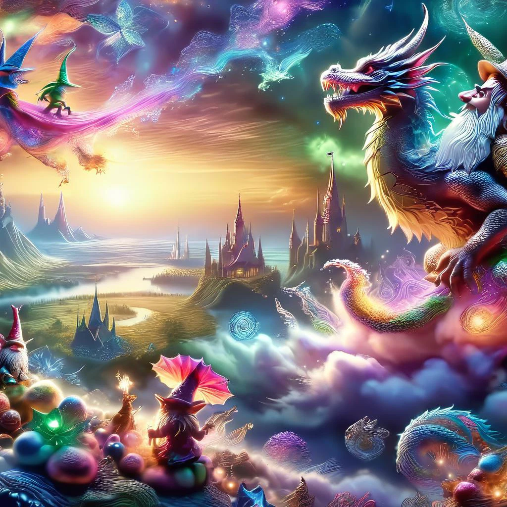 Fujifilm quality photograph (best quality)++, (masterpiece)++, (detailed)+, elf on the shelf fighting a Dragon, (fantasy illustration)1.3, enchanting Dragon battle elf on the shelf, mystical battle, (many gnomes battling)1.4 (whimsical charm).4 Otherworldly charm, mystical sky, (Luis Royo)1.2, (Yoshitaka Amano)1.1, moonlit night, soft colors, (detailed cloudscape)1.3, (high-resolution)1.2 (gnomes battling everywhere)1.2 , <lora:DonM3t3rn1tyXL-v1.1:0.8> DonM3t3rn1tyXL <lora:DonMD1g174l4sc3nc10nXL:0.8> DonMD1g174l4sc3nc10nXL <lora:Dragons:0.8> dragon <lora:EnvyMagicalXL01:0.8> magical <lora:FantasyLandscape:0.8> FanLan