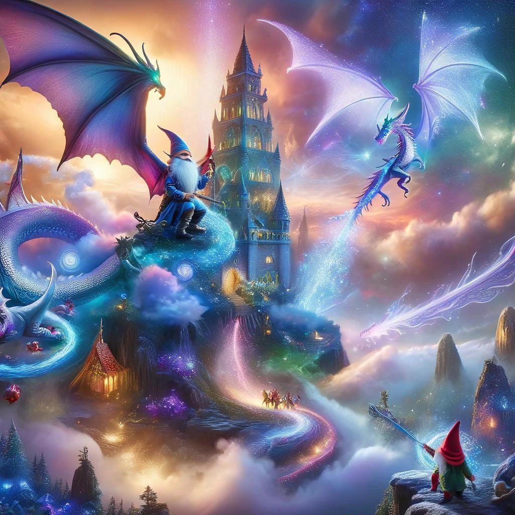 Fujifilm quality photograph (best quality)++, (masterpiece)++, (detailed)+, elf on the shelf fighting a Dragon, (fantasy illustration)1.3, enchanting Dragon battle elf on the shelf, mystical battle, (many gnomes battling)1.4 (whimsical charm).4 Otherworldly charm, mystical sky, (Luis Royo)1.2, (Yoshitaka Amano)1.1, moonlit night, soft colors, (detailed cloudscape)1.3, (high-resolution)1.2 (gnomes battling everywhere)1.2 , <lora:DonM3t3rn1tyXL-v1.1:0.8> DonM3t3rn1tyXL <lora:DonMD1g174l4sc3nc10nXL:0.8> DonMD1g174l4sc3nc10nXL <lora:Dragons:0.8> dragon <lora:EnvyMagicalXL01:0.8> magical <lora:FantasyLandscape:0.8> FanLan