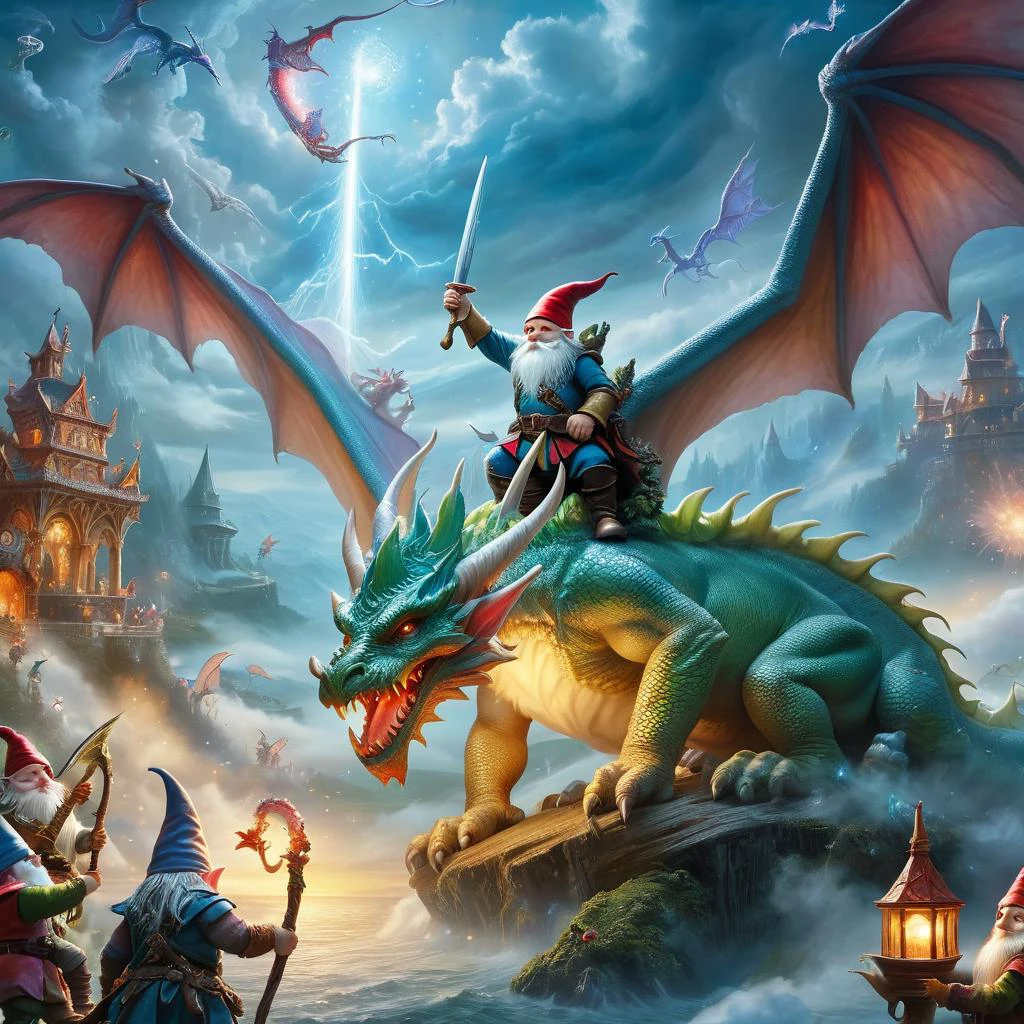 Fujifilm quality photograph (best quality)++, (masterpiece)++, (detailed)+, elf on the shelf fighting a Dragon, (fantasy illustration)1.3, enchanting Dragon battle elf on the shelf, mystical battle, (many gnomes battling)1.4 (whimsical charm).4 Otherworldly charm, mystical sky, (Luis Royo)1.2, (Yoshitaka Amano)1.1, moonlit night, soft colors, (detailed cloudscape)1.3, (high-resolution)1.2 (gnomes battling everywhere)1.2 , <lora:DonM3t3rn1tyXL-v1.1:0.3> DonM3t3rn1tyXL <lora:DonMD1g174l4sc3nc10nXL:0.3> DonMD1g174l4sc3nc10nXL <lora:Dragons:0.8> dragon <lora:EnvyMagicalXL01:0.3> magical <lora:FantasyLandscape:0.8> FanLan