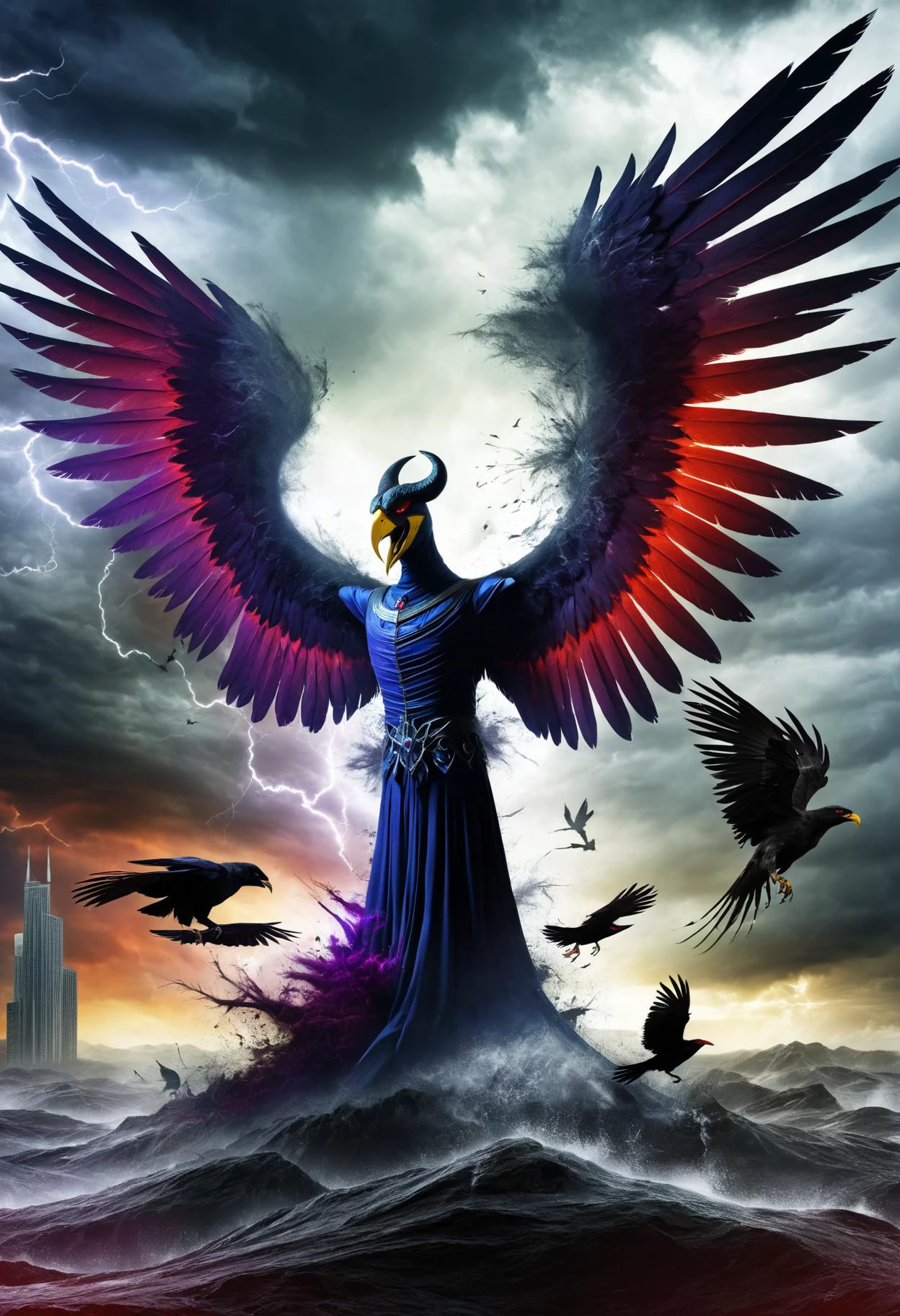 DonMD1g174l4sc3nc10nXL diablo, mix of human and bird features, humanoid upper body, sharp claws, feathery wings, powerful, bird's beak, varied coloration, distinctive and eerie screeching, stormy weather and winds, vengeance, punishment, wild, predatory, malevolent ,dissolve digitalize, glitchart, <lora:myLora\DonMD1g174l4sc3nc10nXL-000006:1.2>