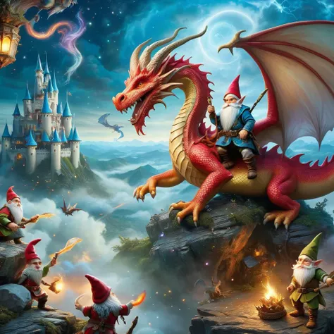 Fujifilm quality photograph (best quality)++, (masterpiece)++, (detailed)+, elf on the shelf fighting a Dragon, (fantasy illustration)1.3, enchanting Dragon battle elf on the shelf, mystical battle, (many gnomes battling)1.4 (whimsical charm).4 Otherworldly charm, mystical sky, (Luis Royo)1.2, (Yoshitaka Amano)1.1, moonlit night, soft colors, (detailed cloudscape)1.3, (high-resolution)1.2 (gnomes battling everywhere)1.2 , <lora:DonM3t3rn1tyXL-v1.1:0.3> DonM3t3rn1tyXL <lora:DonMD1g174l4sc3nc10nXL:0.3> DonMD1g174l4sc3nc10nXL <lora:Dragons:0.8> dragon <lora:EnvyMagicalXL01:0.3> magical <lora:FantasyLandscape:0.8> FanLan