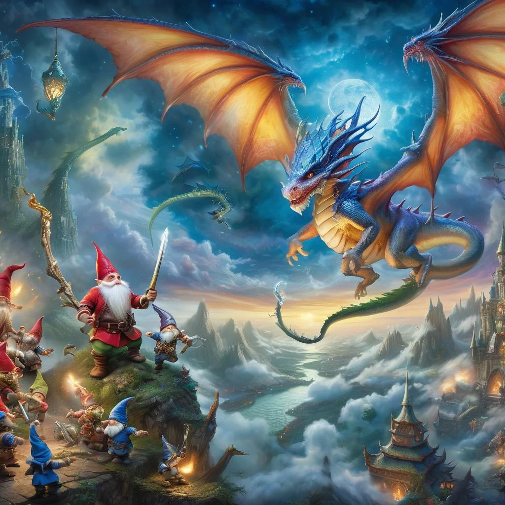 Fujifilm quality photograph (best quality)++, (masterpiece)++, (detailed)+, elf on the shelf fighting a Dragon, (fantasy illustration)1.3, enchanting Dragon battle elf on the shelf, mystical battle, (many gnomes battling)1.4 (whimsical charm).4 Otherworldly charm, mystical sky, (Luis Royo)1.2, (Yoshitaka Amano)1.1, moonlit night, soft colors, (detailed cloudscape)1.3, (high-resolution)1.2 (gnomes battling everywhere)1.2 , <lora:DonM3t3rn1tyXL-v1.1:0.3> DonM3t3rn1tyXL <lora:DonMD1g174l4sc3nc10nXL:0.3> DonMD1g174l4sc3nc10nXL <lora:Dragons:0.8> dragon <lora:EnvyMagicalXL01:0.3> magical <lora:FantasyLandscape:0.8> FanLan