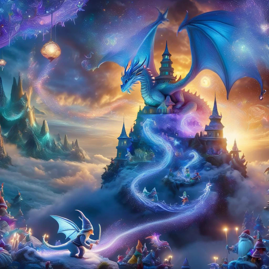 Fujifilm quality photograph (best quality)++, (masterpiece)++, (detailed)+, elf on the shelf fighting a Dragon, (fantasy illustration)1.3, enchanting Dragon battle elf on the shelf, mystical battle, (many gnomes battling)1.4 (whimsical charm).4 Otherworldly charm, mystical sky, (Luis Royo)1.2, (Yoshitaka Amano)1.1, moonlit night, soft colors, (detailed cloudscape)1.3, (high-resolution)1.2 (gnomes battling everywhere)1.2 , <lora:DonM3t3rn1tyXL-v1.1:0.8> DonM3t3rn1tyXL <lora:DonMD1g174l4sc3nc10nXL:0.8> DonMD1g174l4sc3nc10nXL <lora:Dragons:0.8> dragon <lora:EnvyMagicalXL01:0.8> magical <lora:FantasyLandscape:0.8> FanLan