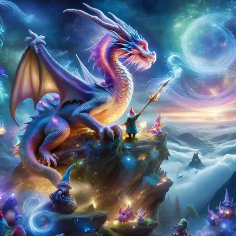 Fujifilm quality photograph (best quality)++, (masterpiece)++, (detailed)+, elf on the shelf fighting a Dragon, (fantasy illustration)1.3, enchanting Dragon battle elf on the shelf, mystical battle, (many gnomes battling)1.4 (whimsical charm).4 Otherworldly charm, mystical sky, (Luis Royo)1.2, (Yoshitaka Amano)1.1, moonlit night, soft colors, (detailed cloudscape)1.3, (high-resolution)1.2 (gnomes battling everywhere)1.2 , <lora:DonM3t3rn1tyXL-v1.1:0.8> DonM3t3rn1tyXL <lora:DonMD1g174l4sc3nc10nXL:0.8> DonMD1g174l4sc3nc10nXL <lora:Dragons:0.8> dragon <lora:EnvyMagicalXL01:0.8> magical <lora:FantasyLandscape:0.8> FanLan