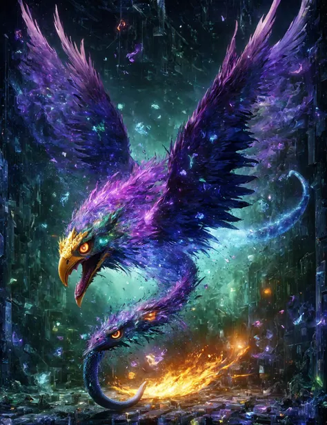 masterpiece, awesome quality, hyper detailed, DonMD1g174l4sc3nc10n,cyberspace,pixelize, cockatrice, small mythical creature, serpent body, (rooster:.6) head, feathered wings, sharp claws, feathered skin, beak with fangs, venomous bite,crest on head, fierce eyes, deadly breath, fierce aggressive demeanor ,      <lora:DonMD1g174l4sc3nc10n-000004:0.8>