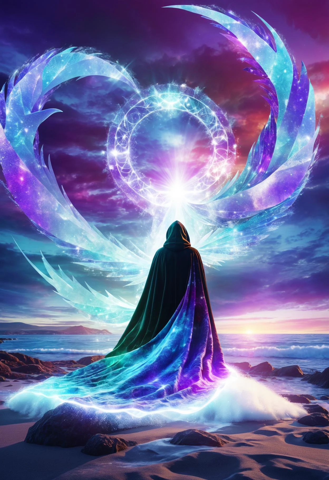 DonMD1g174l4sc3nc10nXL mermaid, mythical enchanting mystical creature, human on land attractive, wearing a seal skin cloak, connection to the sea, transformation, love, tragedy, obscure ,dissolve digitalise, glitchart, <lora:myLora\DonMD1g174l4sc3nc10nXL-000006:1.2>