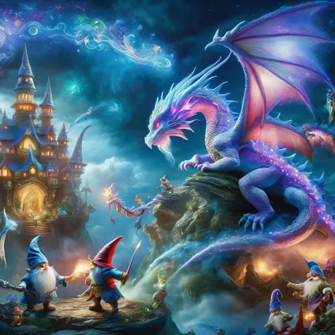 Fujifilm quality photograph (best quality)++, (masterpiece)++, (detailed)+, elf on the shelf fighting a Dragon, (fantasy illustration)1.3, enchanting Dragon battle elf on the shelf, mystical battle, (many gnomes battling)1.4 (whimsical charm).4 Otherworldly charm, mystical sky, (Luis Royo)1.2, (Yoshitaka Amano)1.1, moonlit night, soft colors, (detailed cloudscape)1.3, (high-resolution)1.2 (gnomes battling everywhere)1.2 , <lora:DonM3t3rn1tyXL-v1.1:0.8> DonM3t3rn1tyXL <lora:DonMD1g174l4sc3nc10nXL:0.8> DonMD1g174l4sc3nc10nXL <lora:Dragons:0.8> dragon <lora:EnvyMagicalXL01:0.8> magical <lora:FantasyLandscape:0.8> FanLan