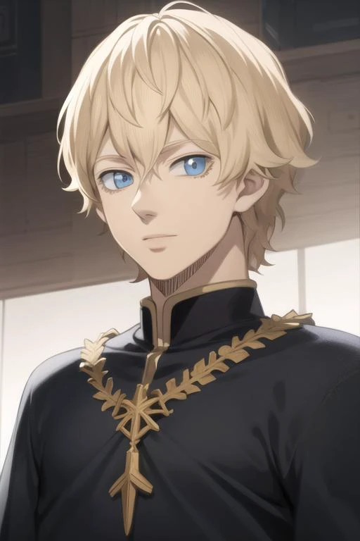masterpiece, best quality, high quality, 1boy, solo, male focus, looking at viewer, upper body, <lora:lemiel_silvamillion_clover:0.72>, lemiel_silvamillion_clover, blue eyes, blonde hair, realistic