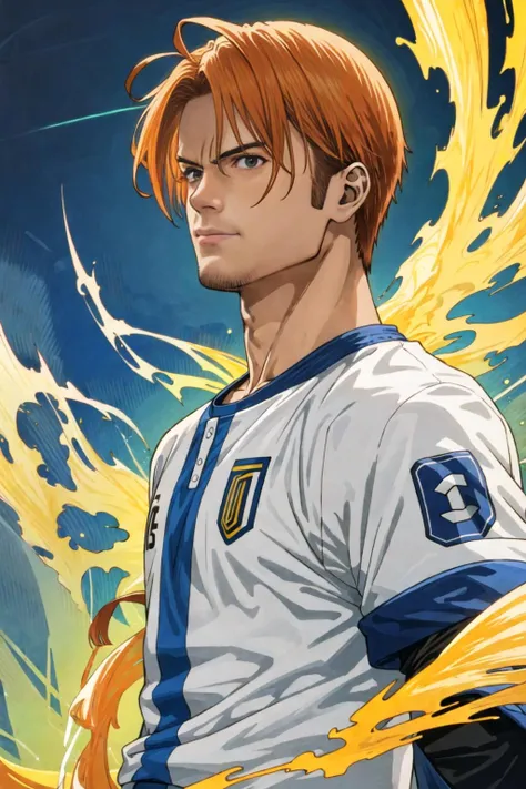 masterpiece, highres, detailed, ginger soccer player, 1boy, male, perfect body, detailed face, detailed eyes, stadium, pitch, ultra detailed, solo, shinkiro style , realistic <lora:GoodHands-beta2:1>  <lora:ShinkiroStyle:1>