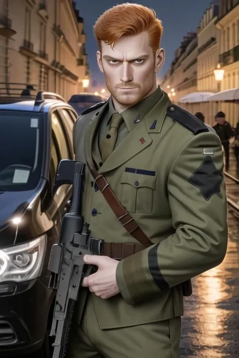 ginger soldier with gun, at Paris, night, streets, car, masterpiece, detailed eyes, detailed face, high quality, highres, <lora:ShinkiroStyle:1>