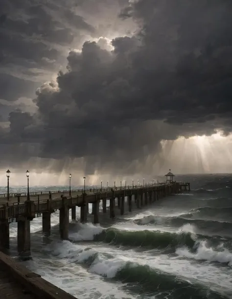 <lora:crmu:0.6>crmu, pier, water, dark sky, light rays, massive waves, storm