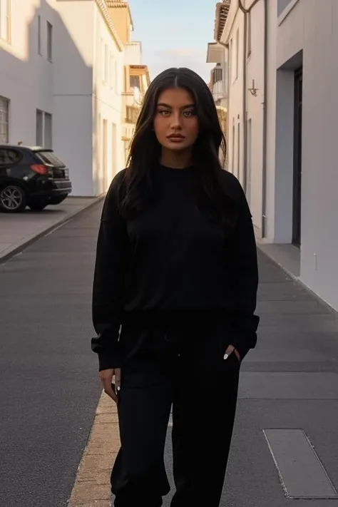 full body shot of sofiajamoralora wearing a black sweatshirt, standing, looking at viewer, masterpiece, best quality, sharp focus, in a street <lora:sofiajamoralora:1>