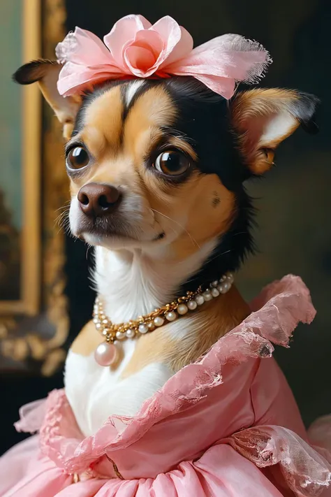 Painting of a bug-eyed nervous chihuahua wearing a pink tutu in a modest kitchen inspired by Girl With The Pearl Earring. Girl with a Pearl Earring (Dutch: Meisje met de parel) is an oil painting by Dutch Golden Age painter Johannes Vermeer, dated c. 1665. Going by various names over the centuries, it became known by its present title towards the end of the 20th century after the earring worn by the girl portrayed there. The work has been in the collection of the Mauritshuis in The Hague since 1902 and has been the subject of various literary and cinematic treatments. (Photography, Ultrarealistic, 3D Illustration, Exquisite Detail)