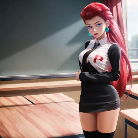 masterpiece, best quality, highres, 1girl, looking at viewer, beautiful face, detailed eyes, deep eyes, standing, sexy pose, fullbody, (cleavage:0.5), (tie, schoolgirl uniform, long sleeve dress shirt, black pleated skirt, socks), (classroom:1.2), <lora:jessie:0.9>, jessie\(pokemon\), red hair, hair slicked back, blue eyes, earrings