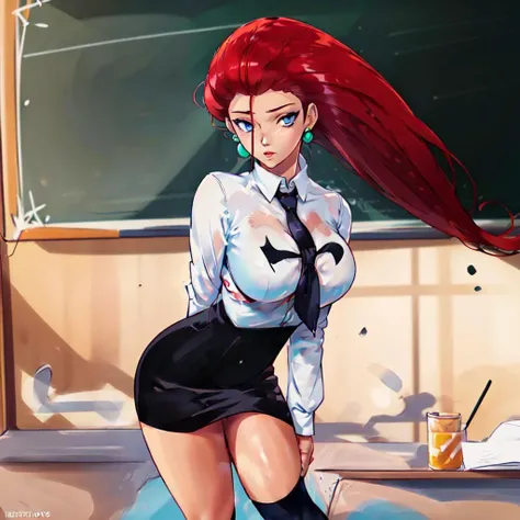 (anime style, best illustration:1.3), 1girl,  looking at viewer, beautiful face, detailed eyes, deep eyes, standing, sexy pose, fullbody, (cleavage:0.5), (tie, schoolgirl uniform, long sleeve dress shirt, black pleated skirt, socks), (classroom:1.2),  <lora:jessie:0.9>, jessie\(pokemon\), red hair, hair slicked back, blue eyes, earrings