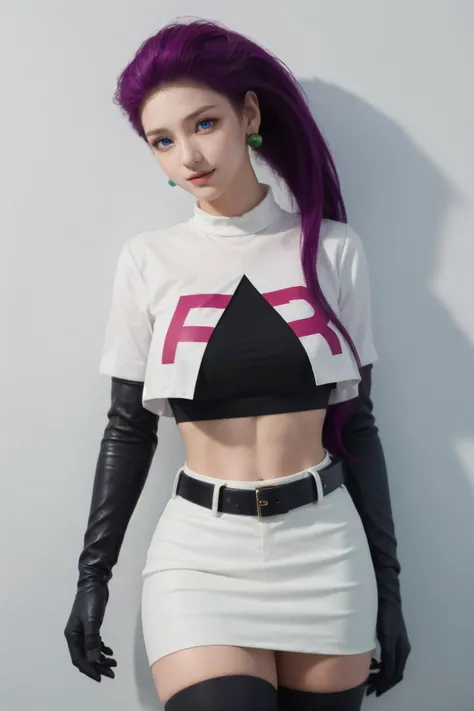 (Best Quality, Masterpiece:1.4), (Realism:1.2), (Realisitc:1.2), (Absurdres:1.2), (photorealistic:1.3), 1girl,Realistic Skin,Solo,( Very Big Eyes,beautiful detailed eyes, symmetric eyes), <lora:jessie-v2:1> jessie pokemon, solo, team rocket, gloves, hair slicked back, long hair, jewelry, skirt, navel, thighhighs, earrings, elbow gloves, team rocket uniform, crop top, blue eyes, midriff, white background, belt, black gloves, very long hair, simple background, smile, black thighhighs, purple hair, looking at viewer, breasts, white skirt, miniskirt