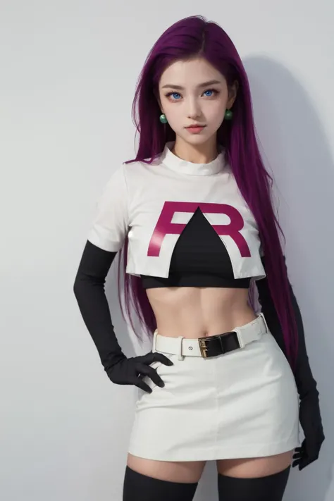 (Best Quality, Masterpiece:1.4), (Realism:1.2), (Realisitc:1.2), (Absurdres:1.2), (photorealistic:1.3), 1girl,Realistic Skin,Solo,( Very Big Eyes,beautiful detailed eyes, symmetric eyes), <lora:jessie-v2:1> jessie pokemon, solo, team rocket, gloves, hair slicked back, long hair, jewelry, skirt, navel, thighhighs, earrings, elbow gloves, team rocket uniform, crop top, blue eyes, midriff, white background, belt, black gloves, very long hair, simple background, smile, black thighhighs, purple hair, looking at viewer, breasts, white skirt, miniskirt