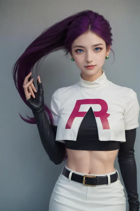 (Best Quality, Masterpiece:1.4), (Realism:1.2), (Realisitc:1.2), (Absurdres:1.2), (photorealistic:1.3), 1girl,Realistic Skin,Solo,( Very Big Eyes,beautiful detailed eyes, symmetric eyes), <lora:jessie-v2:1> jessie pokemon, solo, team rocket, gloves, hair slicked back, long hair, jewelry, skirt, navel, thighhighs, earrings, elbow gloves, team rocket uniform, crop top, blue eyes, midriff, white background, belt, black gloves, very long hair, simple background, smile, black thighhighs, purple hair, looking at viewer, breasts, white skirt, miniskirt