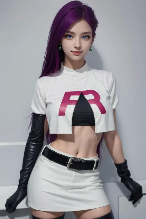 (Best Quality, Masterpiece:1.4), (Realism:1.2), (Realisitc:1.2), (Absurdres:1.2), (photorealistic:1.3), 1girl,Realistic Skin,Solo,( Very Big Eyes,beautiful detailed eyes, symmetric eyes), <lora:jessie-v2:1> jessie pokemon, solo, team rocket, gloves, hair slicked back, long hair, jewelry, skirt, navel, thighhighs, earrings, elbow gloves, team rocket uniform, crop top, blue eyes, midriff, white background, belt, black gloves, very long hair, simple background, smile, black thighhighs, purple hair, looking at viewer, breasts, white skirt, miniskirt