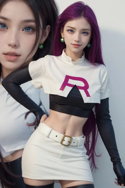 (Best Quality, Masterpiece:1.4), (Realism:1.2), (Realisitc:1.2), (Absurdres:1.2), (photorealistic:1.3), 1girl,Realistic Skin,Solo,( Very Big Eyes,beautiful detailed eyes, symmetric eyes), <lora:jessie-v2:1> jessie pokemon, solo, team rocket, gloves, hair slicked back, long hair, jewelry, skirt, navel, thighhighs, earrings, elbow gloves, team rocket uniform, crop top, blue eyes, midriff, white background, belt, black gloves, very long hair, simple background, smile, black thighhighs, purple hair, looking at viewer, breasts, white skirt, miniskirt