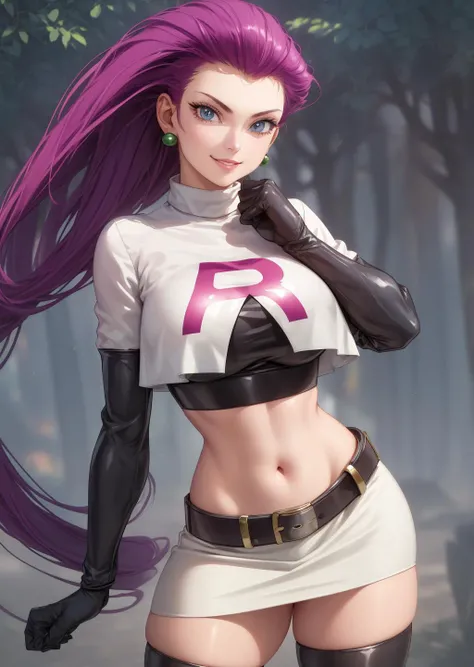masterpiece,extremely detailed CG unity 8k wallpaper, best quality,32k,focus sharp,
jessie pokemon, team rocket, gloves, hair slicked back, long hair, jewelry, skirt, navel, thighhighs, earrings, elbow gloves, team rocket uniform, crop top, blue eyes, midriff,outdoor,park,trees,city,crowd, belt, black gloves, very long hair, simple background, smile, black thighhighs, purple hair, looking at viewer, breasts, white skirt, miniskirt
<lora:more_details:0.2><lora:jessie-v2:1>