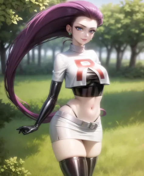 masterpiece,extremely detailed CG unity 8k wallpaper, best quality,32k,focus sharp,
jessie pokemon, team rocket, gloves, hair slicked back, long hair, jewelry, skirt, navel, thighhighs, earrings, elbow gloves, team rocket uniform, crop top, blue eyes, midriff,outdoor,park,trees,city,crowd, belt, black gloves, very long hair, simple background, smile, black thighhighs, purple hair, looking at viewer, breasts, white skirt, miniskirt
<lora:more_details:0.2><lora:jessie-v2:1>