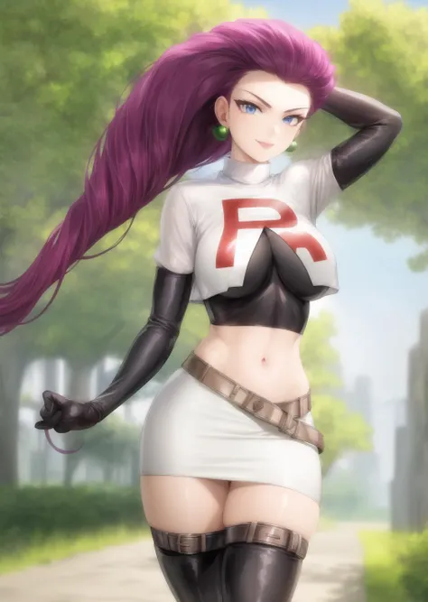 masterpiece,extremely detailed CG unity 8k wallpaper, best quality,32k,focus sharp,
jessie pokemon, team rocket, gloves, hair slicked back, long hair, jewelry, skirt, navel, thighhighs, earrings, elbow gloves, team rocket uniform, crop top, blue eyes, midriff,outdoor,park,trees,city,crowd, belt, black gloves, very long hair, simple background, smile, black thighhighs, purple hair, looking at viewer, breasts, white skirt, miniskirt
<lora:more_details:0.2><lora:jessie-v2:1>