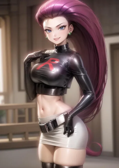 masterpiece,extremely detailed CG unity 8k wallpaper, best quality,32k,focus sharp,
jessie pokemon, team rocket, gloves, hair slicked back, long hair, jewelry, skirt, navel, thighhighs, earrings, elbow gloves, team rocket uniform, crop top, blue eyes, midriff,outdoor,park,trees,city,crowd, belt, black gloves, very long hair, simple background, smile, black thighhighs, purple hair, looking at viewer, breasts, white skirt, miniskirt
<lora:more_details:0.2><lora:jessie-v2:1>