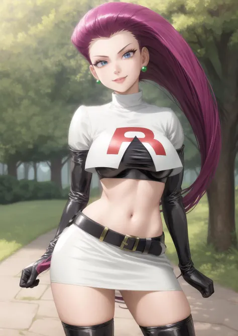 Masterpiece, stunning realistic, best quality, sharpness, 1 girl ,jessie pokemon, solo, team rocket, gloves, hair slicked back, long hair, jewelry, skirt, navel, thighhighs, earrings, elbow gloves, team rocket uniform, crop top, blue eyes, midriff, white background, belt, black gloves, very long hair, simple background, smile, black thighhighs, purple hair, looking at viewer, breasts, white skirt, miniskirt,large breasts,standing in a city,arms behind head ,nipple slip,