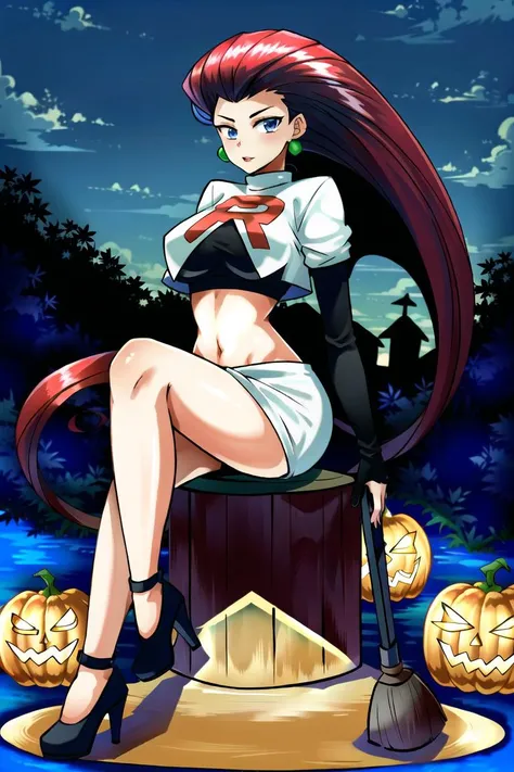 jessie \(pokemon\), long hair,red hair, hair slicked back, team rocket, team rocket outfit, mini skirt , crop top, 1girl, high_heels, medium_breasts, <lora:jessiePokemon_v1:0.8>, red lipstick, witches hat, broom, night, jack o lantern