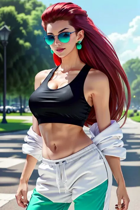 ((best quality:1.2)), ((highly detailed:1.2)), (masterpiece:1.2), ((official art)), detailed face, beautiful face, (detailed eyes, deep eyes), (1girl:1.33, solo), full body, jessie\(pokemon\), very long hair, red hair, hair slicked back, (cyan eyes), earrings, grin, team rocket, cleavage, (white open crop-top jacket:1.2), (black cropped tank top:1.4), (white sweatpants:1.4), midriff, navel, micromini sd15, (realistic:1.4), super sexy, off one shoulder, gradient sunglasses, long legs, sneakers
<lora:jessie:0.7>,
