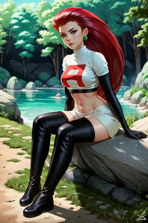 ((best quality)), ((highly detailed)), masterpiece, ((official art)), detailed face, beautiful face, (detailed eyes, deep eyes), (1girl:1.33), full body, <lora:jessie:0.7>, jessie\(pokemon\), very long hair, red hair, hair slicked back, (cyan eyes), earrings, grin, team rocket, team rocket outfit, white crop-top, white miniskirt, midriff, navel, black elbow gloves, black thighboots, breasts, sitting on a rock