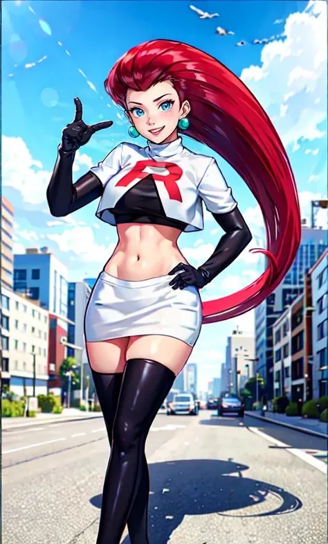 ((best quality)), ((highly detailed)), masterpiece, ((official art)), detailed face, beautiful face, (detailed eyes, deep eyes), (1girl:1.33, solo), full body, jessie\(pokemon\), very long hair, red hair, hair slicked back, (cyan eyes), earrings, grin, team rocket, team rocket outfit, white crop-top, white miniskirt, midriff, navel, black elbow gloves, black thighboots, pointing at viewer, (city, detailed background:1.2) <lora:jessie:0.8>