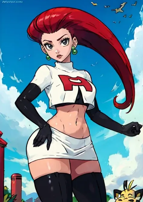 masterpiece, best quality, looking at viewer, (generation 8, nsfw:1.2), 1girl, <lora:jessie:0.7>, jessie\(pokemon\), hair slicked back,team rocket uniform, earrings, (black gloves), white skirt,midriff, (black thigh high boots), (red hair) <lora:pokemon_v3_offset:1>, sugimori ken \(style\), (pokemon \(creature\):1.2), (meowth:1.2)