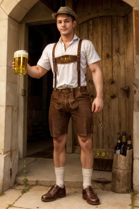 Hungarian folk festival, twinkDarius, DariusFerdynand, l3denh0sen, suspenders, shirt, shorts, hat, socks, shoes, holding beer, (((full body portrait))), wide angle <lora:DariusFerdynand:0.8> <lora:Clothing - Sexy Ledenhosen:0.7>